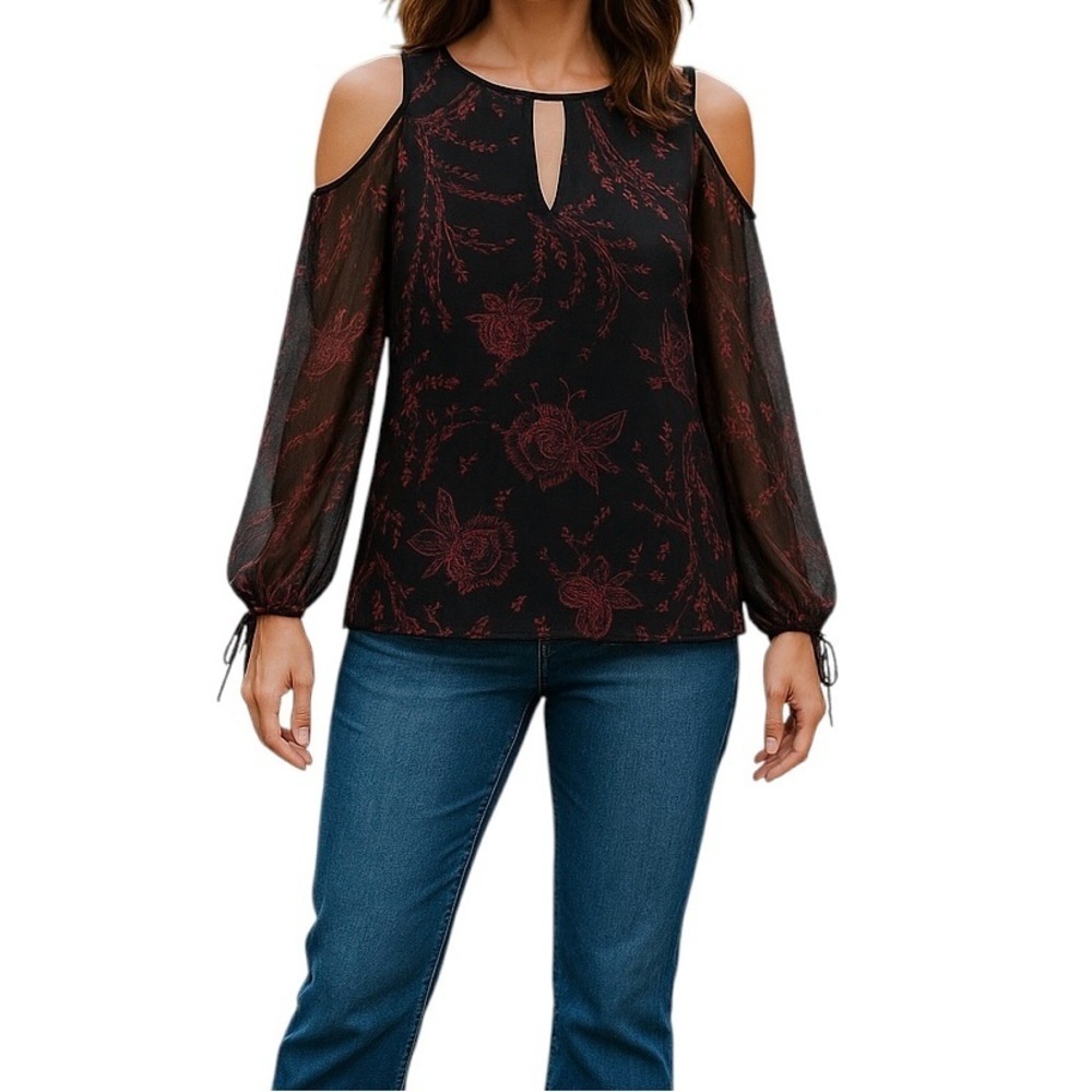 Express M Cold Shoulder Floral Blouse Black Red Boho Keyhole Top Sheer‎ Whimsy